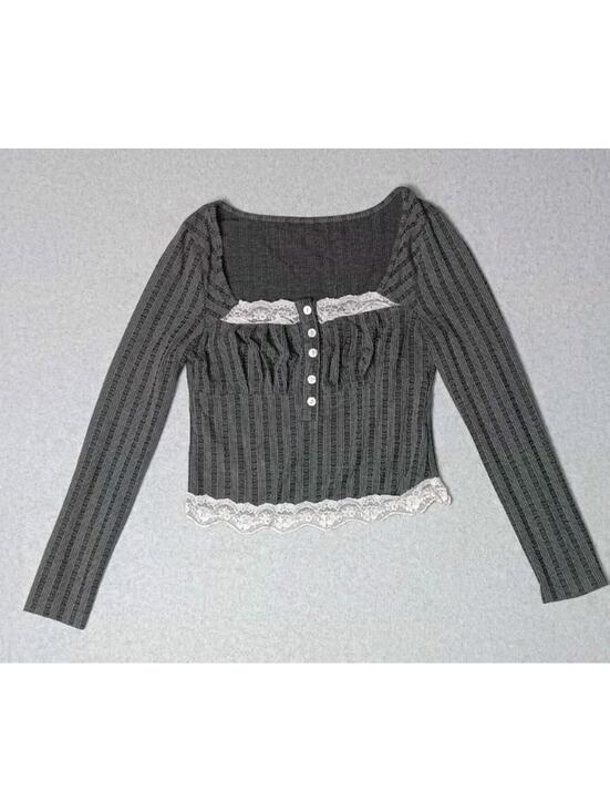 ROMWE Tops - ROMWE Kawaii Contrast Cropped Lace Babydoll Milkmaid Button Front Blouse Womens